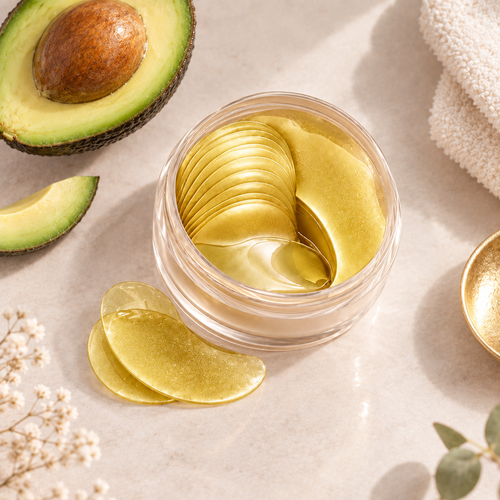 Avocado and gold eye patches flat lay